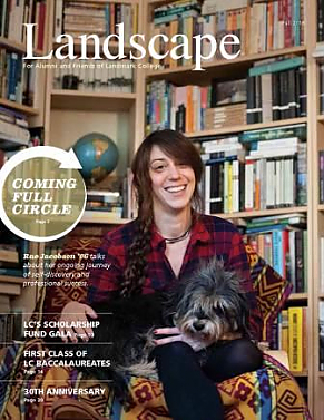 Cover of 2016 issue of Landscape magazine, showing Rae Jacobson in front of bookshelves