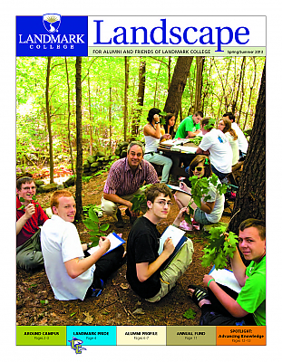 Cover image of 2013 issue of Landscape magazine, showing teacher and students in woods