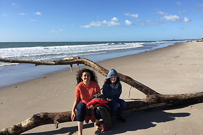 Students sitting on a log at the beach during a study abroad trip.