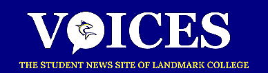 Logo for LCVoices.com web site. The 'O' in the word Voices looks like a dialogue bubble with the Finn the Shark mascot in the center. Below that it says