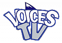 Voices TV logo includes those words in a cartoonish font and the dorsal fin of the Finn the Shark along the top
