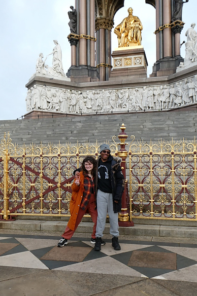 Two students posing for photo in front of Albert Memorial