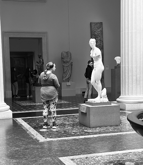 Student looking at sculpture at the Met