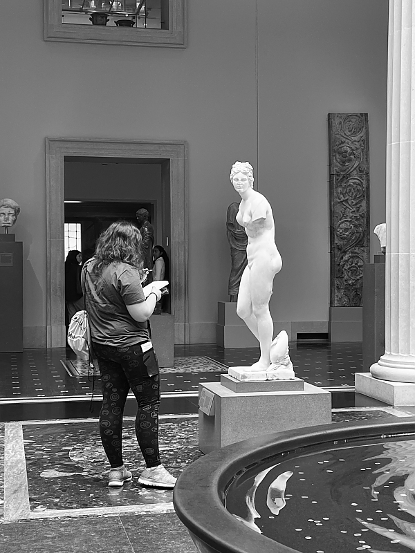 Student standing and sketching a scuplture at the Met