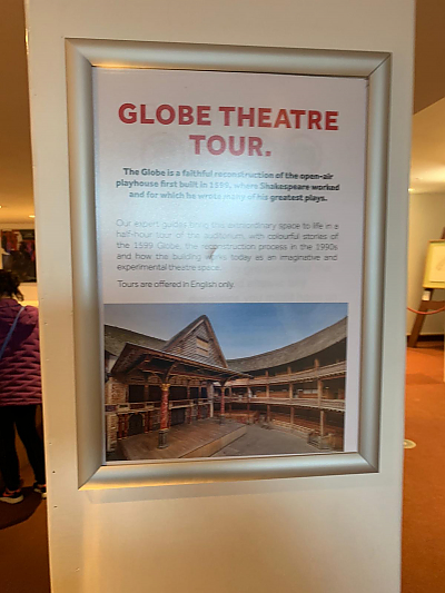 A poster describing what people see on the Globe Theater tour.