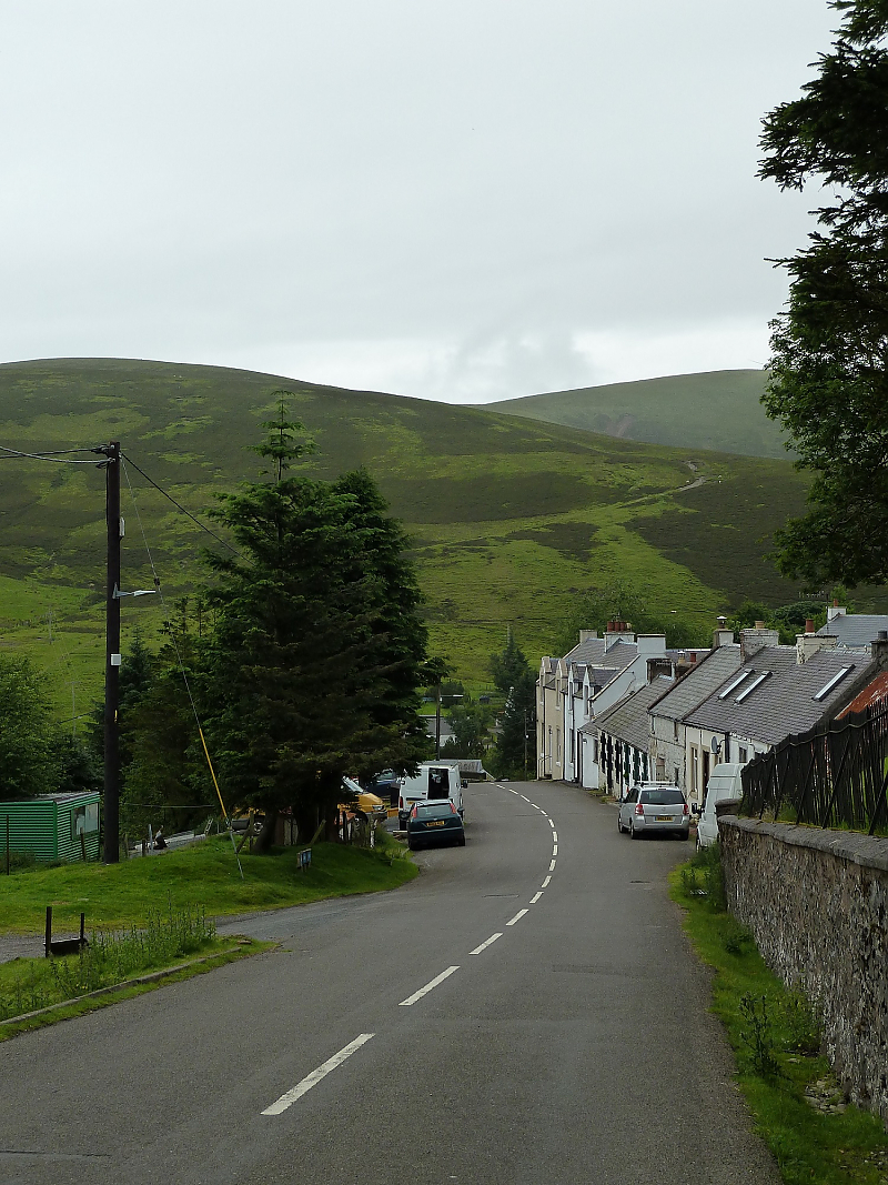 Street, houses, and hills in Wanlockhead