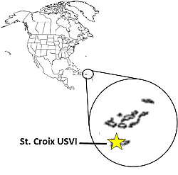 Map showing location of U S V I St Croix in relationship to North America