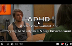 A screen capture of a youtube video. A young man sits facing a teacher, and there is a caption that reads: ADHD: A Stressful Situation, trying to study in a noisy environment.