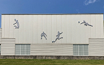 Artwork installation on side of a building titled “Players” that is created from stainless steel pyramids depicting four athletes in motion.
