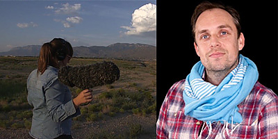 Side by side photos of Taylor Dunne out in field holding a boom mike and Eric Stewart posing for a photo