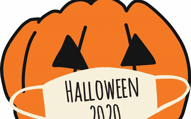 Illustration of Jack o' Lantern wearing covid-19 mask that says Halloween 2020