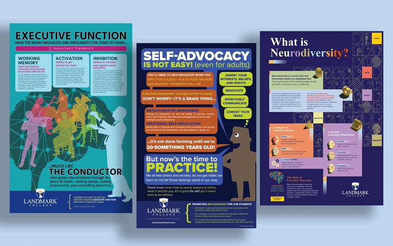Thumbnails images of three infographics created by Landmark College. One on self-advocacy, one on executive function and one on neurodiversity