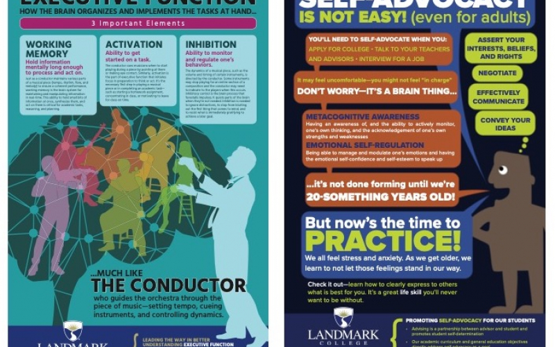 Thumbnails images of two infographics created by Landmark College. One on self-advocacy and one on executive function