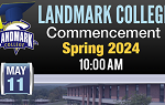 Graphic with date and time information for Landmark College commencement, Saturday, May 11 at 10 a.m. Eastern Time.