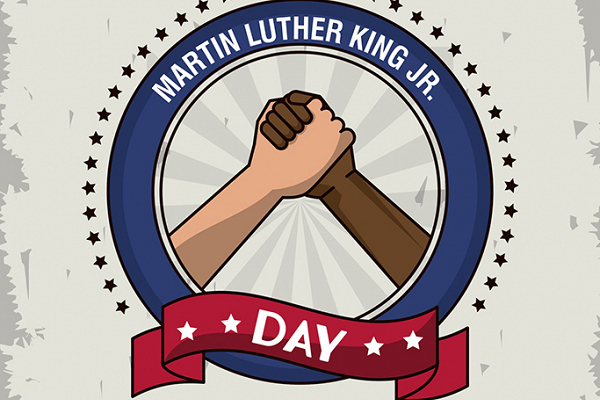 A graphic of two hands joining with the words Martin Luther King, Junior Day. 
