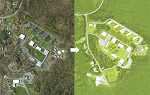 Sketch of overhead view of campus containing before and after versions from 2014 Master Plan document.  