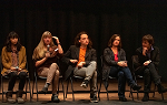 LC students and faculty on stage in the Greenhoe Theater with filmmaker Krys Kornmeier for a panel discussion about the documentary, Normal Isn't Real: Succeeding with Learning Disabilities and ADHD.   