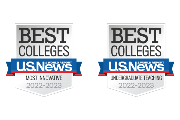 Badges saying Best Colleges at top, followed by US News and World Report logo and then Most Innovative 2022-2023 on left and Undergraduate Teaching 2022-2023 on right 