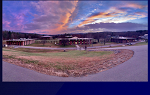 Text in dark blue and purple at top says Voices, a student publication of Landmark, Spring 2020 Volume 1 Issue 1, followed by a panorama photo of lower campus taken from the upper campus 