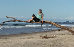 A student sits on a large piece of driftwood that has washed up on Papamoa beach, which is near the house students are staying at during the Summer 2018 Study Abroad trip to New Zealand. 
