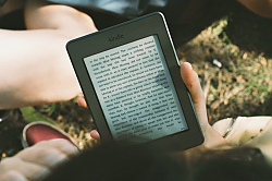 E-reader seen from above in hand of reader