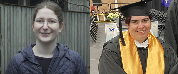 At left, Image of Hannah Goldman standing outside in a purple jacket.  At right, Hannah Bellinson smiles for a photo wearing a graduation cap and gown and a golden honors' sash. 