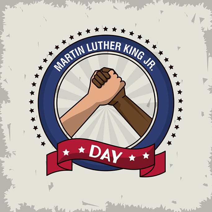 A graphic of two hands joining with the words Martin Luther King, Junior Day. 
