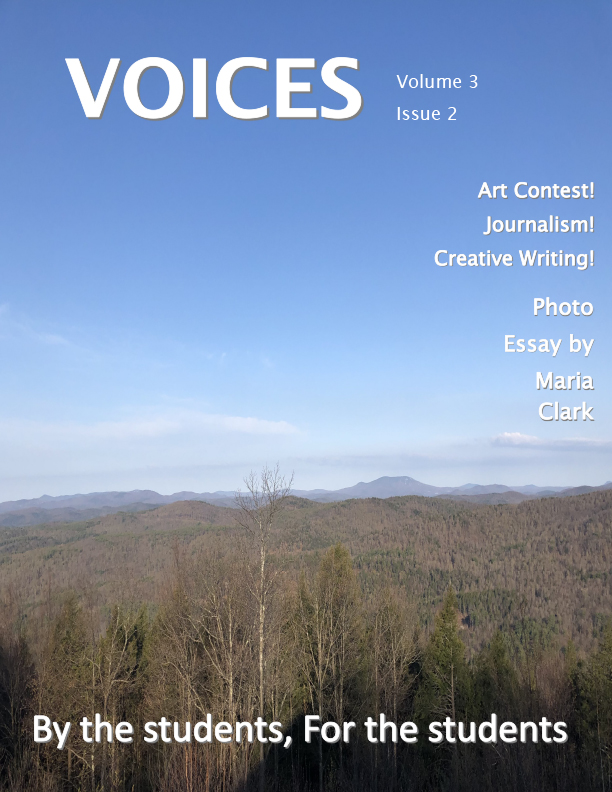 Cover of Voices May 2021issue looks of early spring trees under blue skies with a mountain range in the distance.