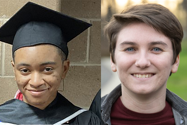 Montage of 2 student photos. At left, Student with brown eyes and dark hair tucked full under graduation cap faces camera and smiles with closed mouth. At right, Student with short brown hair and blue eyes faces the camera and smiles. 