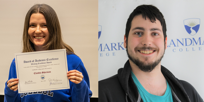 At left, headshot of woman with shoulder length brown hair holding a certificate that says writing excellence award. At right, headshot of male with short black hair and beard smiling