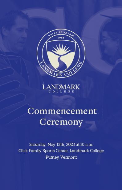 The cover for the Spring 2023 Commencement Program, which is blue and includes the college seal along with the date of the event, May 13, 2023