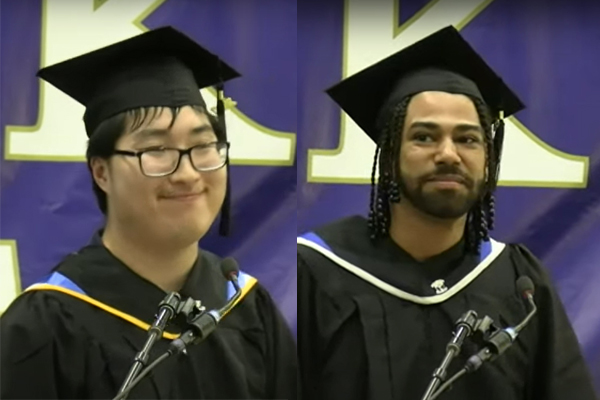 Montage of two male students in graduation caps and gowns on stage at graduation ceremony. At left, the student has short black hair and glasses. At right, the student has long braided hair and a full black beard