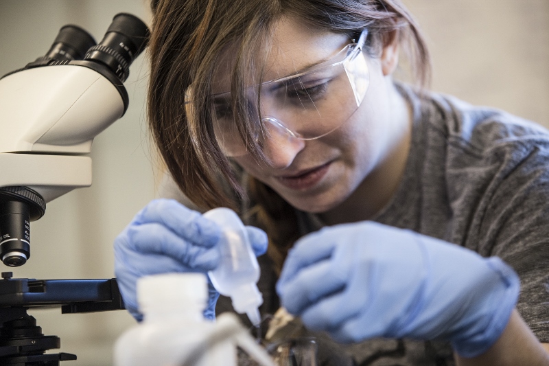 Landmark College student wearing safety goggles and gloves while working with a dropper bottle at a microscope