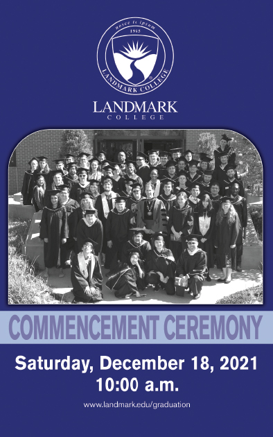 Cover of December 2021 Commencement program with College seal, black and white group photo of graduates and date/time for ceremony 