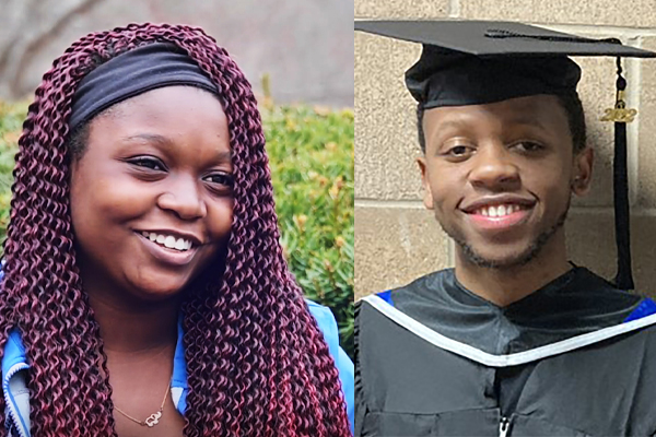Photo montage of young woman with long magenta braids pulled back by a black headband smiling while looking right of camera on the left. On the right, a young man with brown eyes and short black hair, wearing graduation cap and gown looks directly at camera and smiles