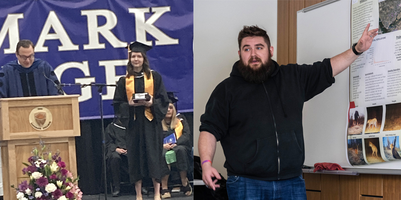 At left, Claudia Sherman standing on stage accepting Undergradaute Research Award while Dr. Adam Lalor speaks at the podium. At right, Michael Vittum in a classroom gesturing at a poster graphic