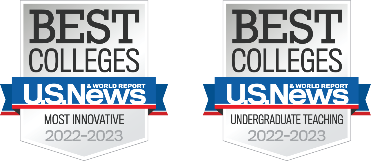 Badges saying Best Colleges at top, followed by US News and World Report logo and then Most Innovative 2022-2023 on left and Undergraduate Teaching 2022-2023 on right 