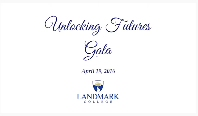 Script text saying Unlocking Futures Gala with Landmark College logo