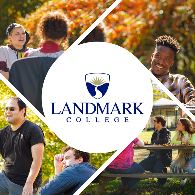 Collage of four images showing students on campus with Landmark College logo at center