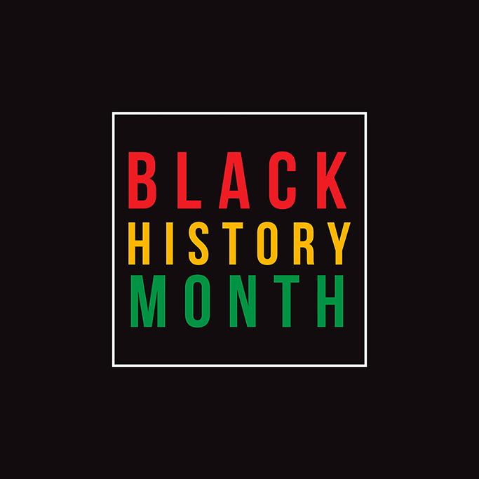The words black history month in red, yellow and green stacked text