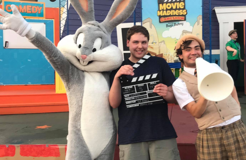 Daniel Molster poses with Bugs Bunny mascot at Hanna Barbera Studios